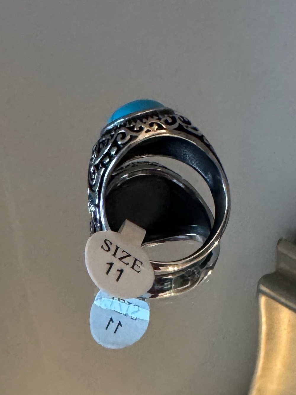 Western Turquoise Statement Ring Size 11 Silver Tone Engraved Oval Cabochon - Picture 9 of 9